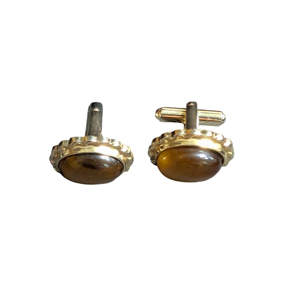 Vintage Gold Tone Tigers Eye Cabochon Scalloped Edge Cufflinks Brown Stone